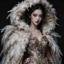real photoshoot a beauty heaven goddess with prety face, wearing a feathered cloak and a fancy silk floral dress, ornate, ultra realistic, concept art, intricate details, eerie, highly detailed, photorealistic, octane render, 8 k, unreal engine. ruan jia, wlop. scifi, fantasy, intense colors, hyper detailed, octane render, concept art, by peter mohrbacher
