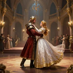 highly detailed digital illustration of a newly married medieval king and queen dancing in the grand ballroom of a fantasy castle | fantasy art, cryengine, concept art, photorealism, daz 3 d, sketchfab, zbrush, vray, rule of thirds, golden ratio