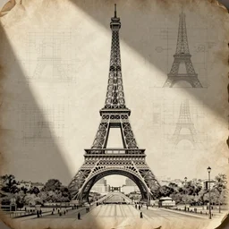 rejected designs for the eiffel tower, line drawing, schematic, plans, old paper