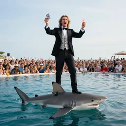 a weird in your face magician doing a card trick while standing on a shark in the ocean, large crowd on ocean