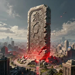 a huge towering and broken stone tablet + 8 0 0 meter high stone tablet, with red light stands in the center of a prosperous city at the end of the world, and the energy is released, secret, mysterious, doomsday, landscape, video game control, quantum break, arknights, 4 k,
