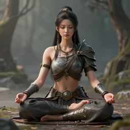 kali daydreampunk warrior meditating in a beautiful place, perfect face, fine details, studio lighting, subtle shadows, art by katsuya terada, photorealism, hyper realism, octane render, hyper detailed, canon eos r 3, f / 1. 4, iso 2 0 0, 1 / 1 6 0 s, medium shot, 8 k, raw, unedited, in - frame,
