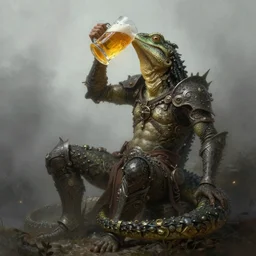 human - body lizard drinks beer, human legs, beer, glass, beer mug in hand, intricate, triumphantly, foggy background, full body art, dark souls, drawing, concept art, artstation, digital painting