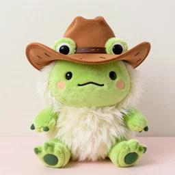 cute fluffy plushie cowboy frog, cutecore, shaggy, stuffed animal photography,