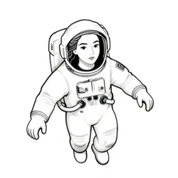 clean simple line art of a woman with long curly hair floating in space. she is an astronaut, wearing a space suit. white background. well composed, clean black and white line drawing, beautiful detailed face. illustration by charlie adlard