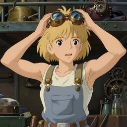 portrait of a mechanic adjusting her hair in a cramped and dimly lit bunk, blonde, tank top, overalls, steampunk, studio ghibli face, highly detailed, cel shading, digital painting, anime key visual, artwork by hayao miyazaki and alphonse mucha