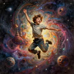 a hyperrealistic detailed high painting with many complex textures of a boy playing and jumping, just being happy and free in the cosmos, cosmic surreal psychedelic magic realism spiritual art