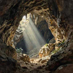 looking into lush cavern with light coming out of it, digital painting, drawn by syd mead
