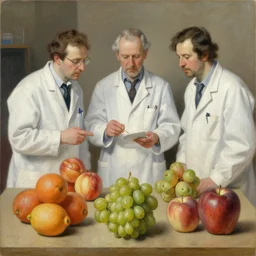 painting of scientists comparing different kinds of fruit,