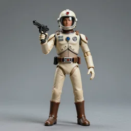 beautiful photograph of a full body, vintage, old, 8 0 s, sci - fi, action figure, with helmet and visor, holding a blaster