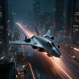 immense futuristic sci fi jet lands at runway of cyberpunk city, night photo ,dark cinematic lighting , digital concept art