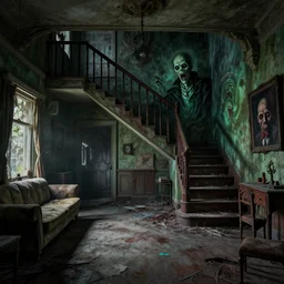 cinematic colorful horror artwork by artgerm, beksinski, mark brooks, stephen king ; empty abandoned living room flight of stairs in hallway ; dark ominous scary, 8 k hdr, creepy intricate ; volumetric dramatic lighting, insanely detailed, haunting