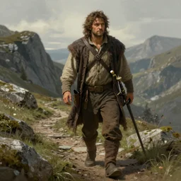 a portrait of a rugged male hobbit rogue fighter on a mountain trail, concept art, dndart, fantasy portrait, 4 k, hires, art by lucian freud and and artgerm