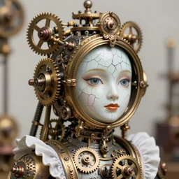 beautiful ornate mechanical clockwork maid with a cracked porcelain face, steampunk, gears, intricate details, portrait, realistic octane render, shallow depth of field, 8k