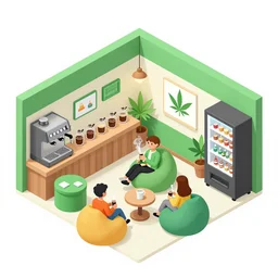 isometric cartoon recreational cannabis cafe interior, espresso machine, people coffee and vaporising cannabis, cannabis vending machine, characters sit beanbags, 4 cannabis pots, by benoit mandelbrot, low poly cute minimal concept art illustrated by anni albers