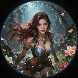 An epic fantastic realism comic book style portrait painting of the most beautiful woman in the universe, flowers rain everywhere, fisheye lens, Apex Legends Concept Art, unreal 5, DAZ, hyperrealistic, octane render, cosplay, RPG portrait, dynamic lighting