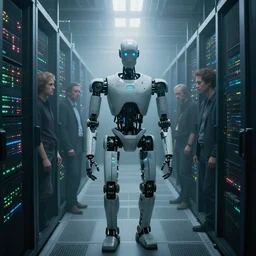 extremely detailed cinematic movie still 3 0 7 7 foggy shot of a robot in an endless data centre by denis villeneuve, wayne barlowe, simon birch, philippe druillet, beeple, volumetric sunlight from small windows