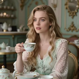 cinestill 5 0 d landscape view portrait of a dreamy beautiful woman britt marling 3 / 4 by roversi taking a tea sitting in a dystopian baroque tea cafe, long hair, wearing lace, 8 k, elegant, highly detailed, pale pink and green matt, soft blur, artstation, sharp focus, head in focus,