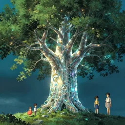a giant glimmering tree with a big trunk made of glass, high intricate details, rule of thirds, golden ratio, cinematic light, 8 k, octane render, anime style, graphic novel by fiona staples and dustin nguyen, art by beaststars and orange, peter elson, alan bean, studio ghibli, makoto shinkai