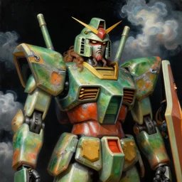 a baroque neoclassicist renaissance close - up portrait of a green and orange iridescent whimsical 1 8 0 0 s japanese mecha gundam jesus. reflective detailed textures. puffy clouds, dark black background. highly detailed fantasy science fic tion painting by moebius, norman rockwell, frank frazetta, and syd mead. rich colors, high contrast. artstation