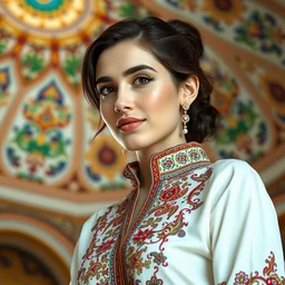 a beautiful iranian woman wearing a shirt in the style of colorful muqarnas ceiling