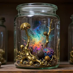 vivid void manifold made of brass and quark matter neatly fits inside large boron glass storage jar, lying forgotten on the shelf in SCP foundation. Secure, Contain, Protect, iridescent nebula inside a glass cylinder safely contained, eerie nostalgic concept art, by James Gurney and Simon Stalenhag and Greg Rutkowski, hyperdetailed SCP artifact jar, macroshot, trending on ArtStationHQ, 8k