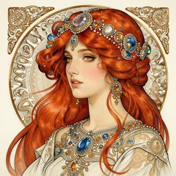 a highly detailed beautiful red haired woman, adorned with precious stones, pen and ink, intricate line drawings, by jeremy mann and alphonse mucha 8 k resolution, trending on artstation, very very detailed, masterpiece, stunning,
