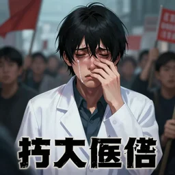detailed, sharp, propaganda poster for a strike of a sad and gloomy crying physician wearing a white coat , digital art, trending on artstation, anime arts, featured on Pixiv, HD, 8K, highly detailed, good lighting, beautiful, epic, masterpiece