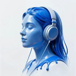 dripping electrical blue paint across the shape of a female human listening to music, realistic , high detail, on a white background
