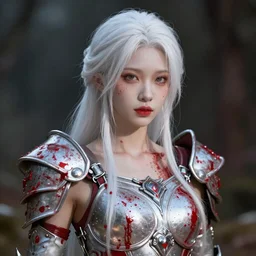 beautiful albino Asian girl armor covered in blood, unreal engine octane, red and white, portrait, gliter, depth of field, 8k, hyper detailed