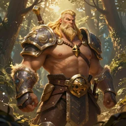 portrait, zarya from overwatch as a dungeons and dragons barbarian, in the forest, dramatic lighting, strong broad robust figure, by jeff easley and thomas kinkade, smooth, intricate, highly detailed, golden hour, splash art, high fantasy