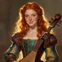 fantasy portrait of a happy young women looking with red hair and freckles, slight smile, renaissance colorful dress, leather armor, music instrument in hand, backlit, digital painting by Michael Whelan and and boris vallejo, dnd illustration, trending on Artstation, sfw