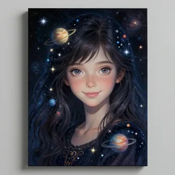 The beginning of time, portrait of a beautiful young girl, in hyper detail, dressed in stars and planets, extreme hyper detail, dramatic, fantasy lighting, matte print, digital art, cute smile, beautiful eyes, digital painting, fan art, pixiv, elegant, Ilya Kuvshinov style, Studio Ghibli