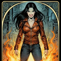 Rafael Albuquerque comic art, art nouveau, Peter Mohrbacher, Joshua Middleton, pretty female Eva Green vampire, sharp vampire teeth, sarcastic smile, symmetrical eyes, symmetrical face, brown leather jacket, jeans, long black hair, full body:: building on fire:: hate and anger:: cool colors