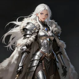 beautiful anime portrait of a gorgeous female barbarian with white hair, pale blue eyes, looking at camera, D&D, fur cape, full body plated armor, long wild spiky hair, cocky smirk, intricate outfit, elegant, stylish, fantasy, dark fantasy, epic fantasy, extremely detailed, digital painting, artstation, concept art, HD, 8k, smooth, sharp focus, illustration, stunning lighting, art by artgerm and greg rutkowski and alphonse mucha and simon stalenhag, fully clothed, fully dressed, modestly dressed