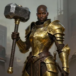 steampunk warrior, giant hammer, female, portrait, brass metal armor, buff, black skin, brown eyes, bald, badass beard, urban city at background, high fantasy, tech, digital painting, highly detailed, smooth, sharp contrast, by artgerm and greg rutkowski and alphonse mucha, artstation