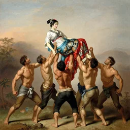 seven muscular men lift up a tall chinese woman, in the style of john james audubon