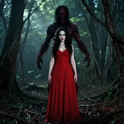 joshua middleton, zhelong xu, full body, pretty alyson hannigan, evil dead demon, evil dead movie, red dress, symmetrical eyes, symmetrical face, long curly black hair, trees, forest, branches, cinematic lighting, evil dead creature, scary, blood