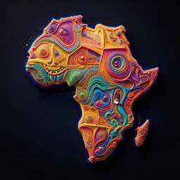 a extremely ultra highly detailed hi - res ultra highly detailed colorful logo of africa black backround, zoom out, 8 k, high textures, ultra hyper sharp, insanely detailed and intricate, super detailed, 3 d render, 8 k hdr ultra high quality high polygon, psychedelic, retrowave, trippy, digital art,