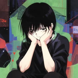 feelings of guilt, dark humor, inside the mind, deeply upset, anime and manga matte painting, cyberpunk, geometric abstract art, hajime isayama