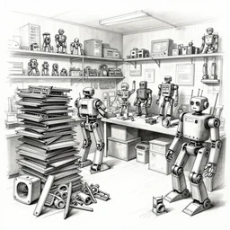 a sketch of a cluttered robot makers shop with stacks of robot parts and old robots by jean - baptiste monge