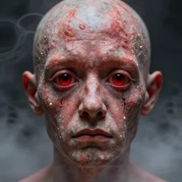 lord loss book portrait, pale red, lumpy skin, he has very dark - round red sad eyes with even darker red pupils. tiny cracks in skin seep, symmetric lights and fog, in the style of zdzislaw beksinski, glowing light and shadow, hyperrealist, 8 k