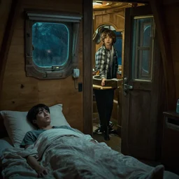 scene from a 2010s science fiction film+ now its morning again + now its night time + Seokjin wakes up to find that jungkook is not inside the cabin, he's worried + CGSOCIETY + directed by Luc Besson +