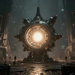 teleportation machine in a dystopian world, with people using it to escape the city, the machine is a large metal contraption with a bright light in the center by thomas kinkaid