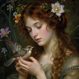 Beautiful Pre-Raphaelite goddess of nature holding a little bird, in the style of John William Godward and Anna Dittman, close-up portrait, head in focus, flowers and plants, etheric, moody, intricate, mystical,