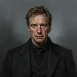 portrait of Alan Rickman, detailed, centered, digital painting, artstation, concept art, by donato giancola, Sean Yoro, Greg Rutkowski, trending on Artstation, Joseph Christian Leyendecker, WLOP, Boris Vallejo, dark, moody, foggy