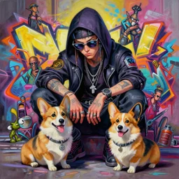beautiful painting illustration of graffiti hiphop solarpunk assassin chilling with corgi, by dao le trong, craig mullins, craig davison, dean cornwell, donato giancola, dorina costras. trending on artstation, 8 k, masterpiece, graffiti paint, fine detail, full of color, intricate detail, golden ratio illustration, face enhance