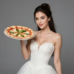 portrait of a beautiful queen in an intricate white dress, holding up a neapolitan pizza margherita to the camera, muted colors, soft lighting, sharp focus, neutral background, masterpiece, photo by jimmy nelson, cindy sherman