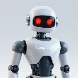 A robot with glowing red eyes saying, “beep boop”