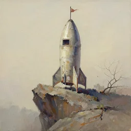 abandoned dirty rocket ship with a tiny window and flag on top, distant knotted branches, extremely detailed rocky crag, unfinished canvas, dry brush texture, strokes visible, wash